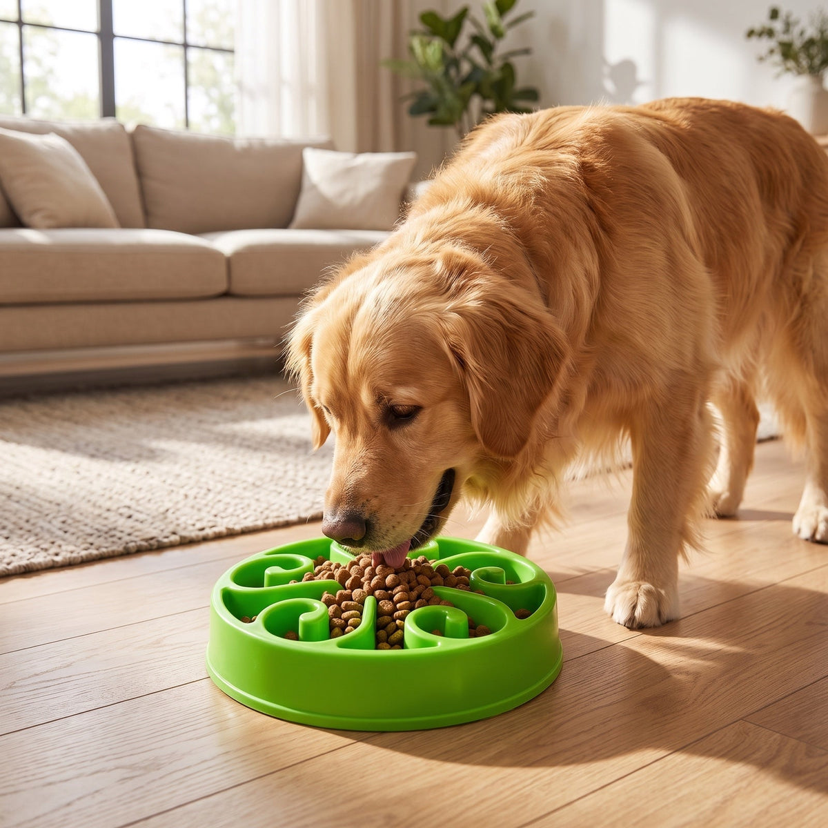 Golden Retriever mangeant dans la gamelle verte