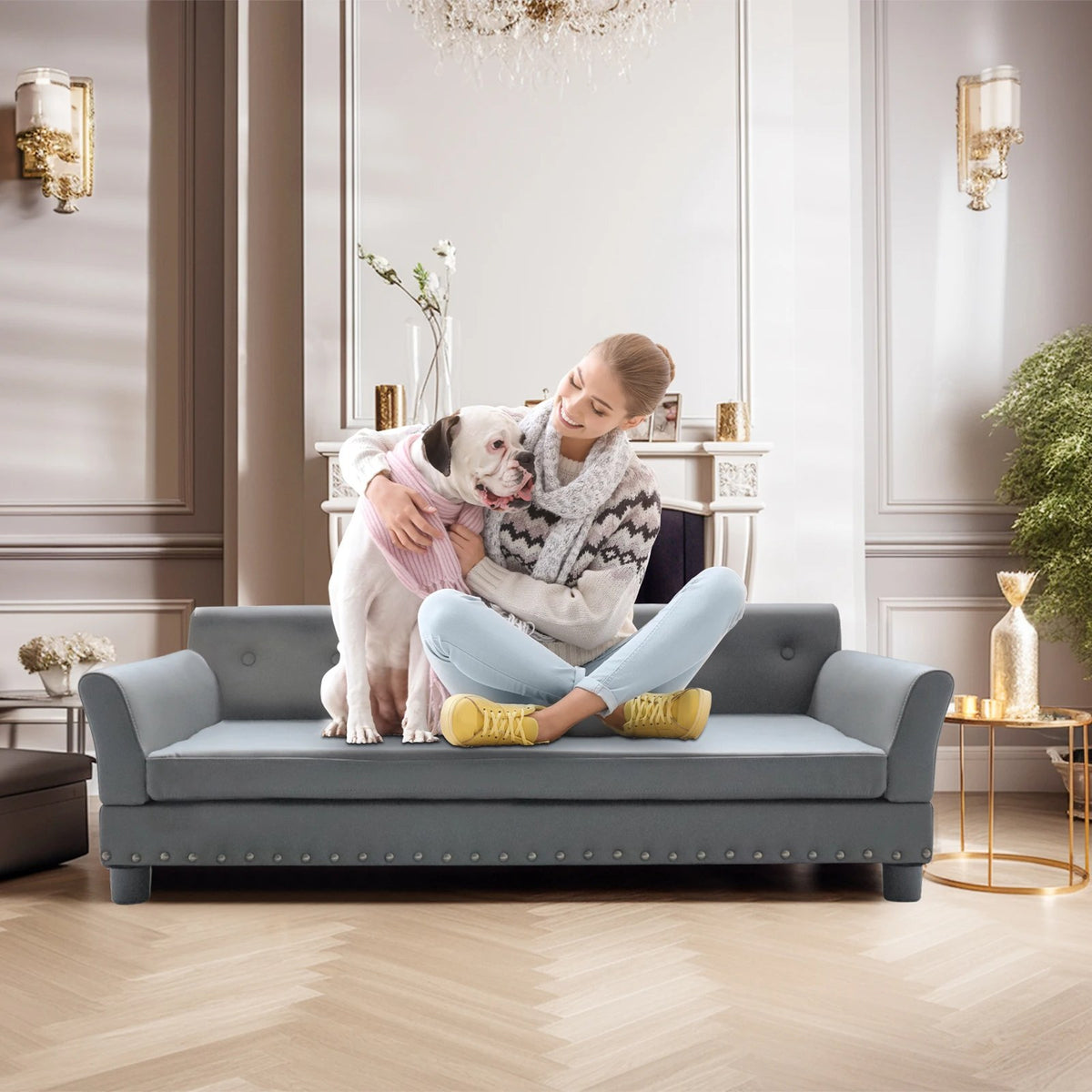 Maîtresse et son chien installés sur le canapé dans un salon élégant