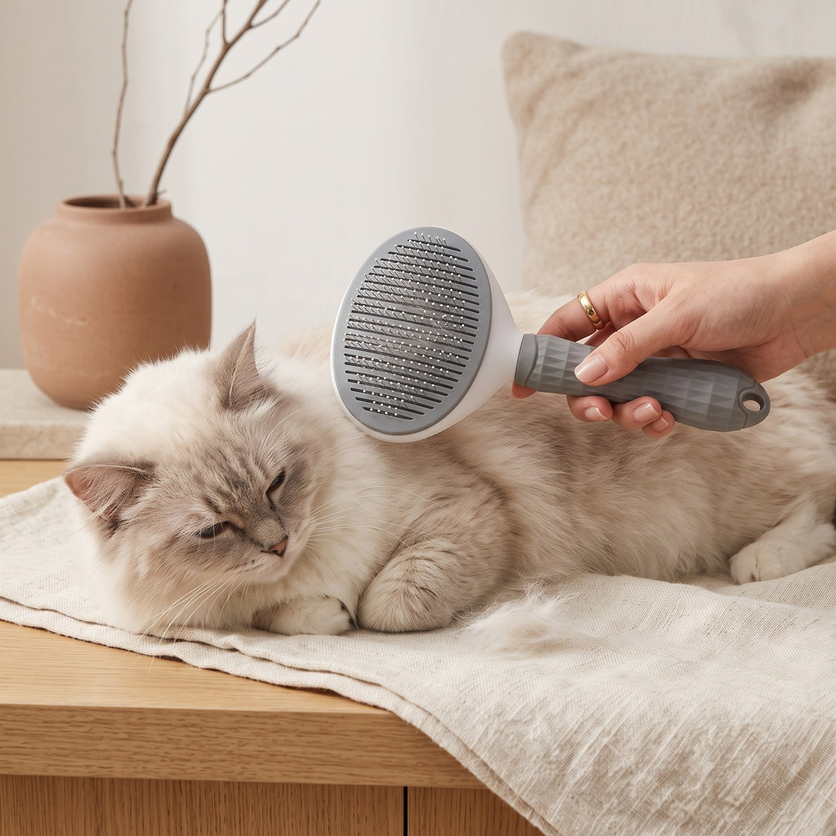 Chat brossé avec la brosse auto-nettoyante grise