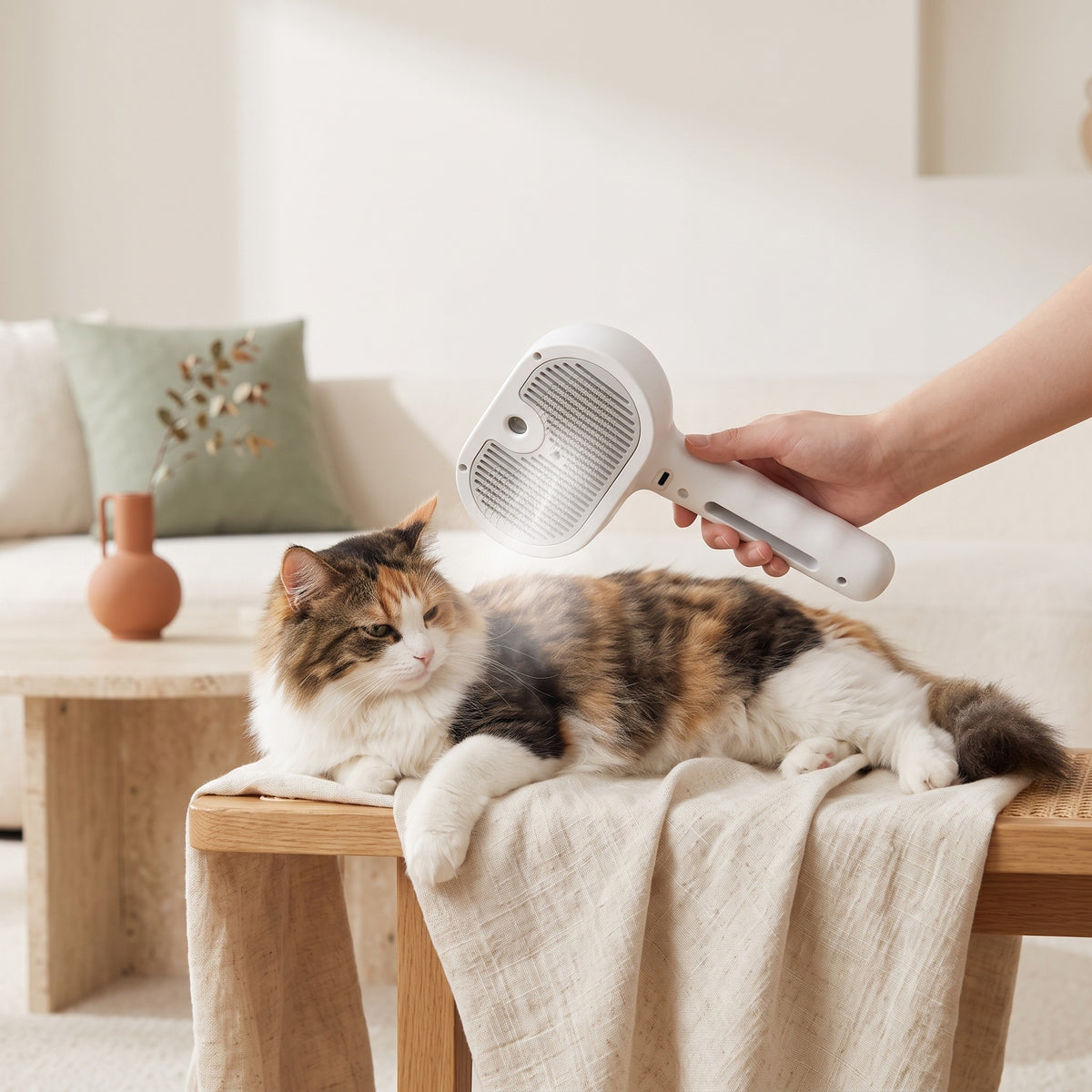 Chat brossé avec la brosse vapeur sur un plaid
