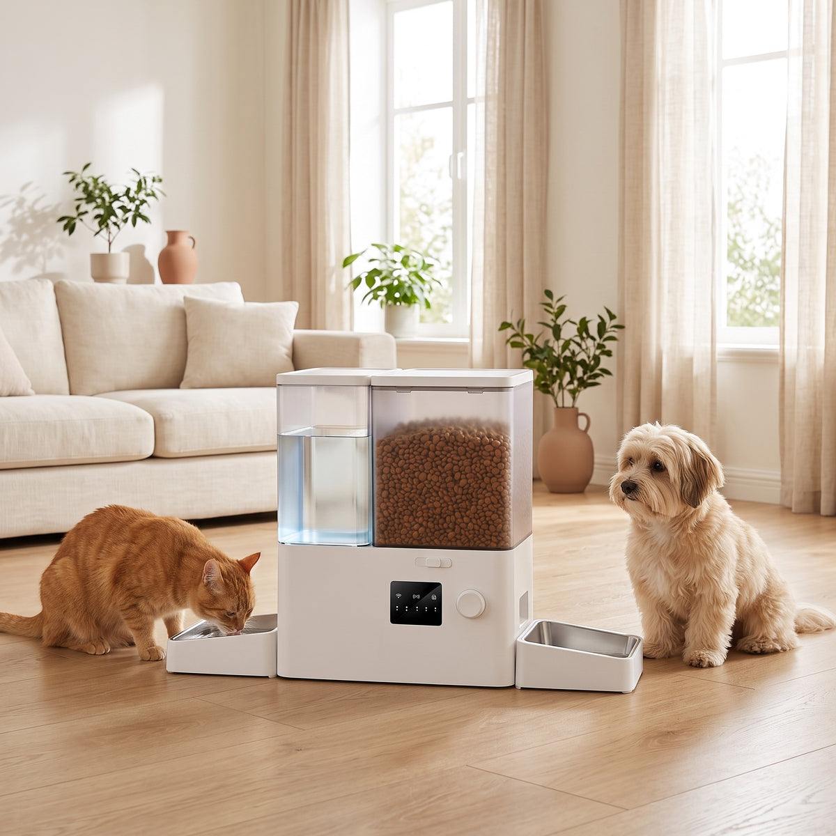Chat et petit chien autour du distributeur 2-en-1 dans un salon lumineux