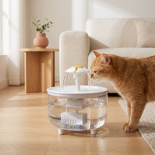 Chat roux qui boit à la fontaine fleur dans un salon