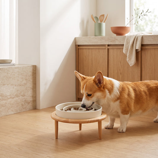 Corgi qui mange dans la gamelle Basile blanche
