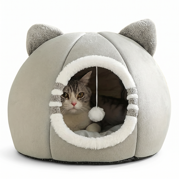 Panier grotte tête de chat gris avec oreilles et pompon — chat installé à l'intérieur, Douce Patte