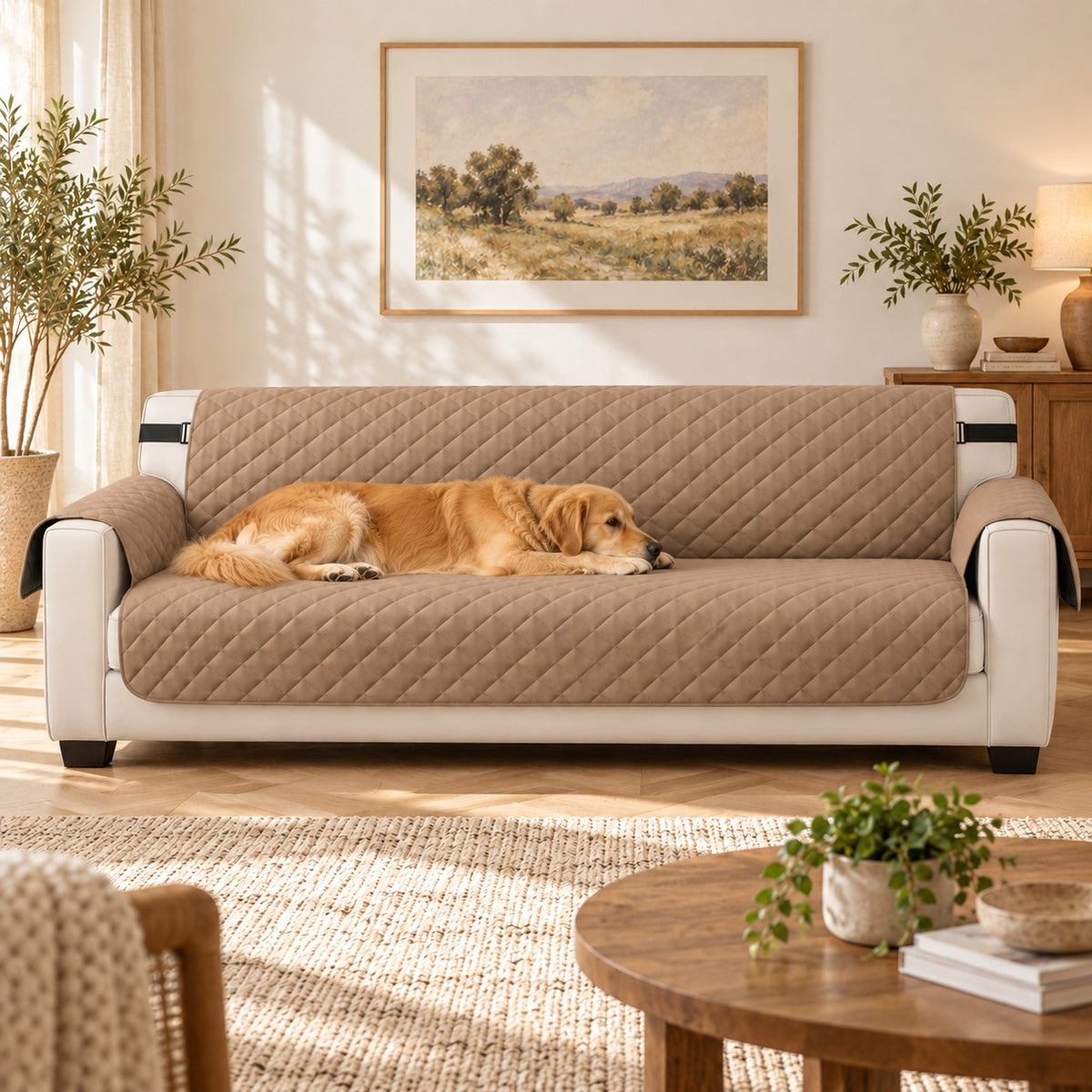 Golden retriever endormi sur la housse taupe d’un canapé 4 places