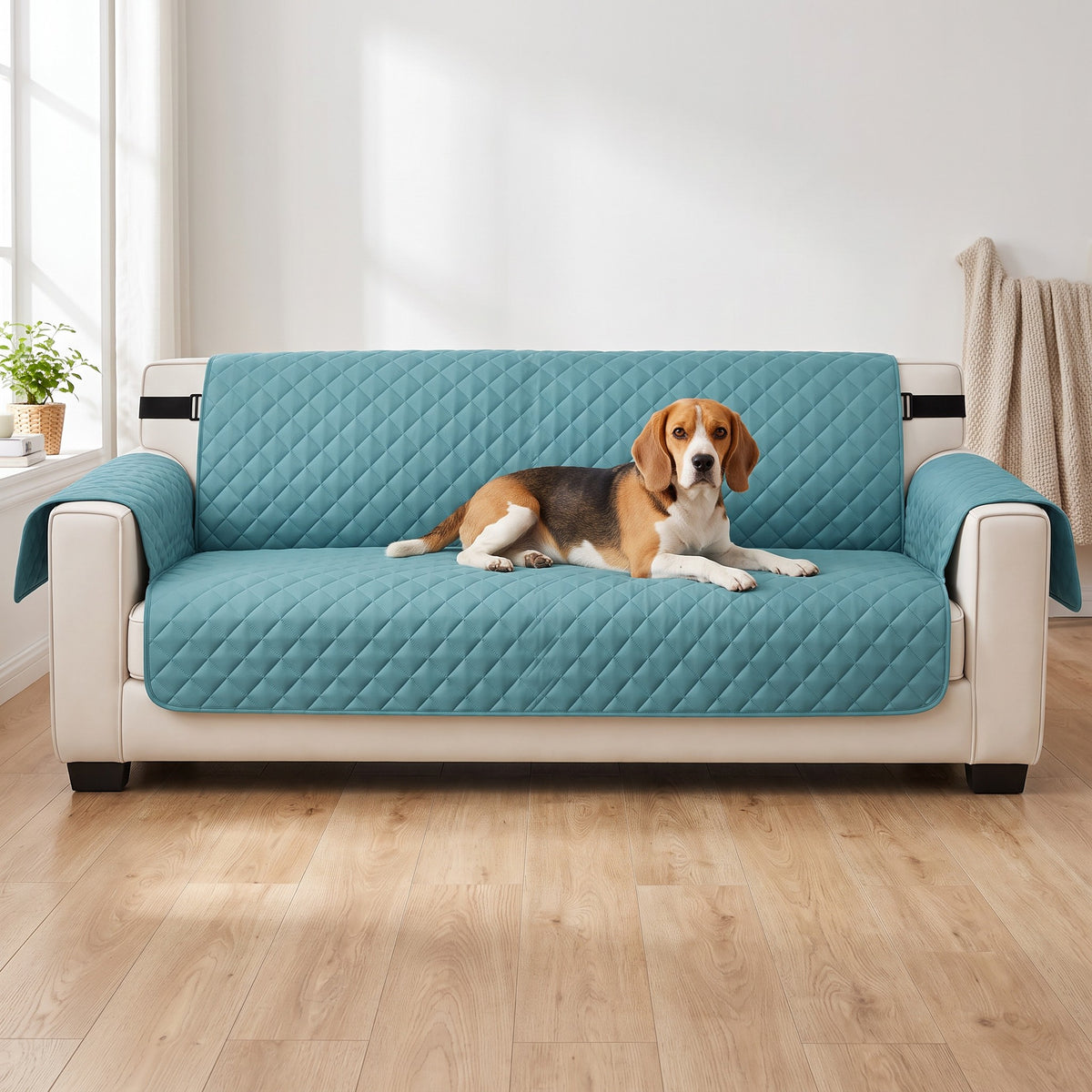 Beagle allongé sur la housse de canapé bleu canard