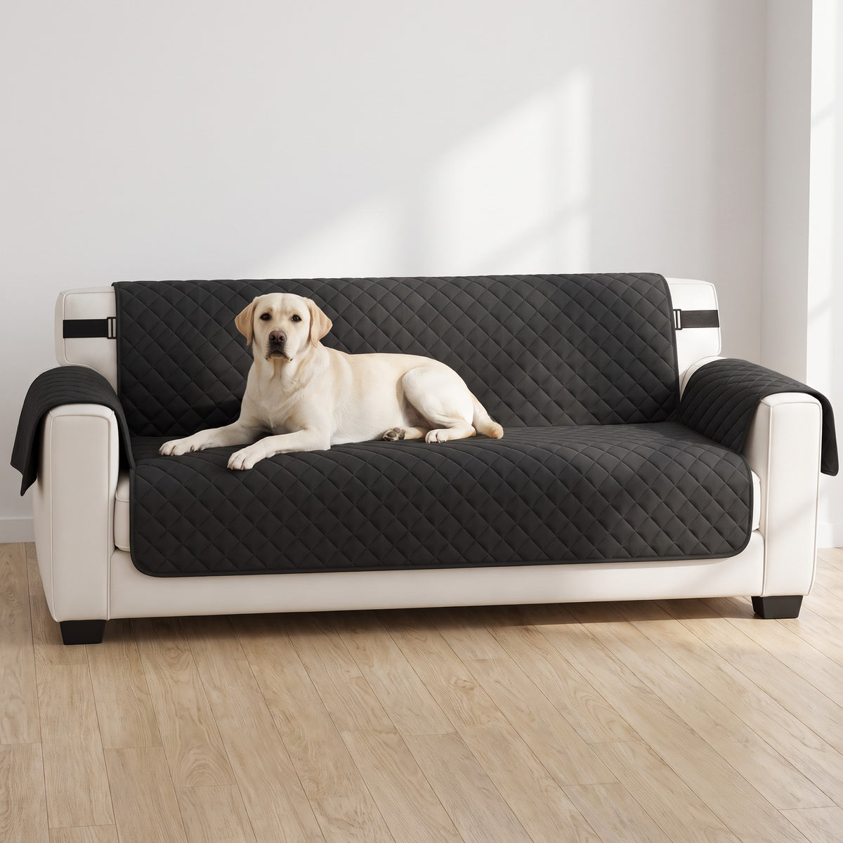 Labrador couché sur la housse de canapé noire