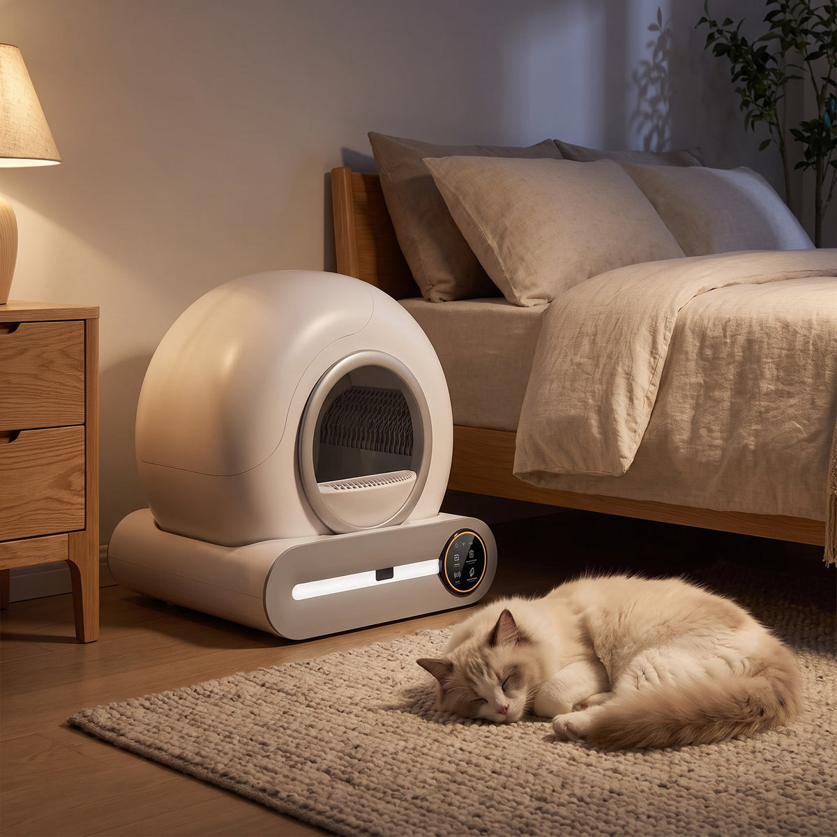 Bac à litière automatique dans une chambre le soir, chat endormi à côté