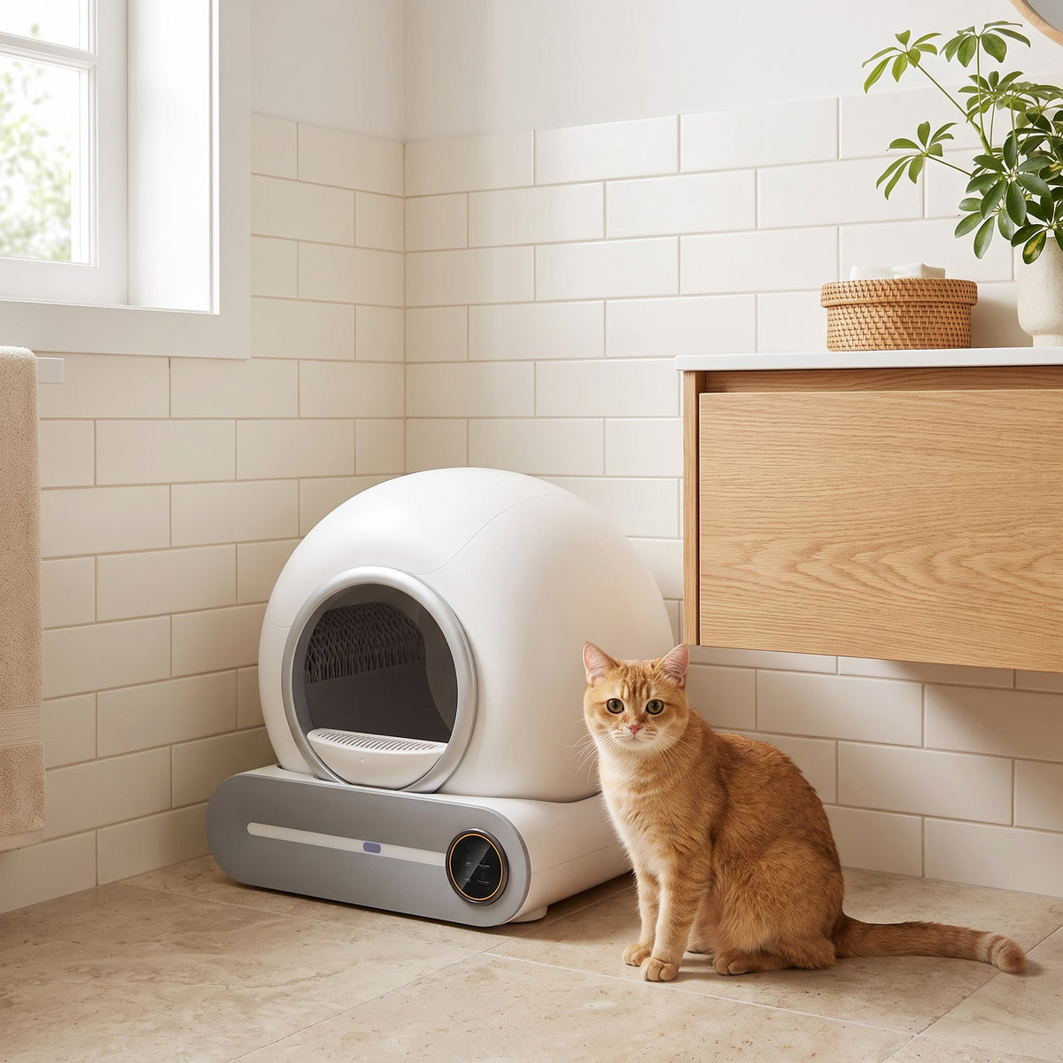 Chat roux assis à côté du bac à litière automatique dans une salle de bain