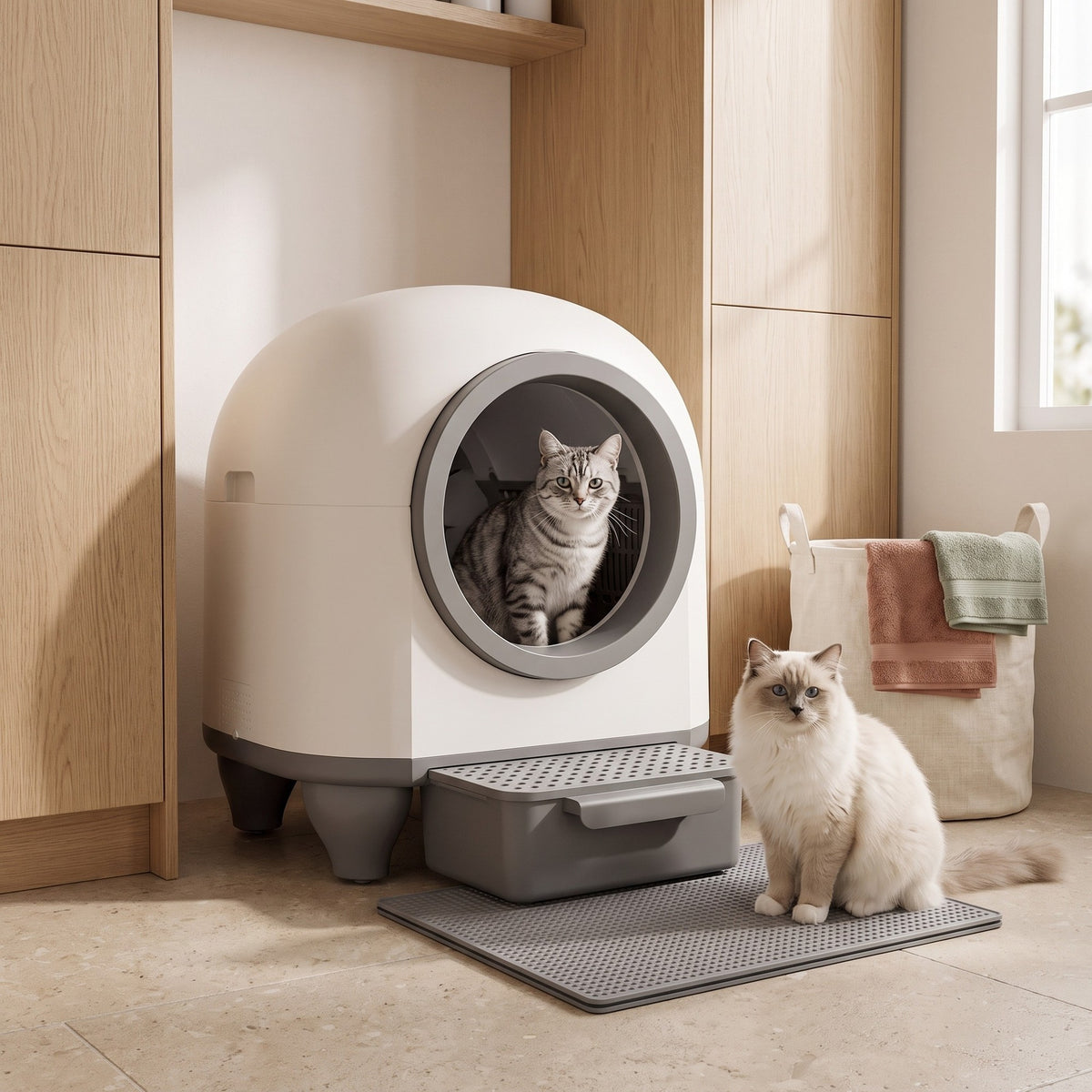 Deux chats et le bac à litière automatique 90 L dans une buanderie