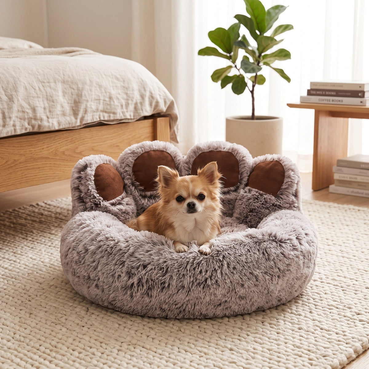 Chihuahua installé dans le panier en forme de patte pour petit chien