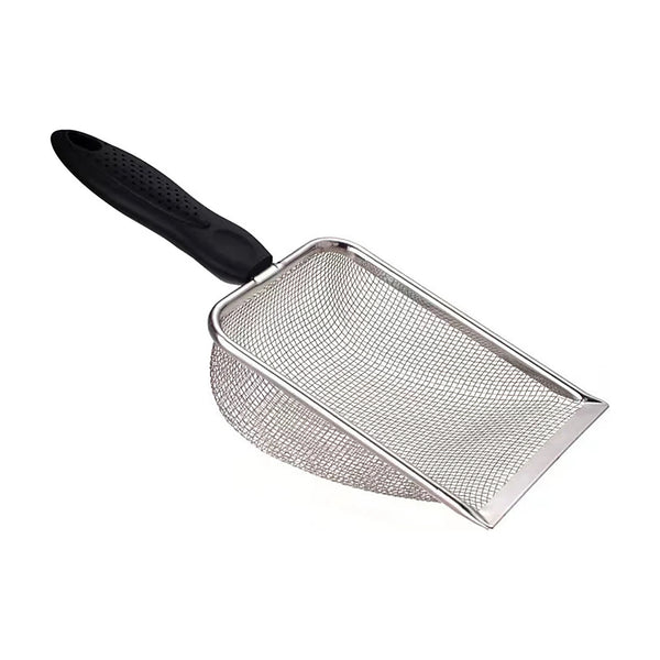 Pelle à litière en inox à maille fine, poignée noire