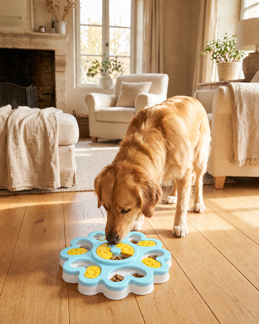 Chien qui cherche ses friandises dans le puzzle bleu et jaune, intérieur cosy
