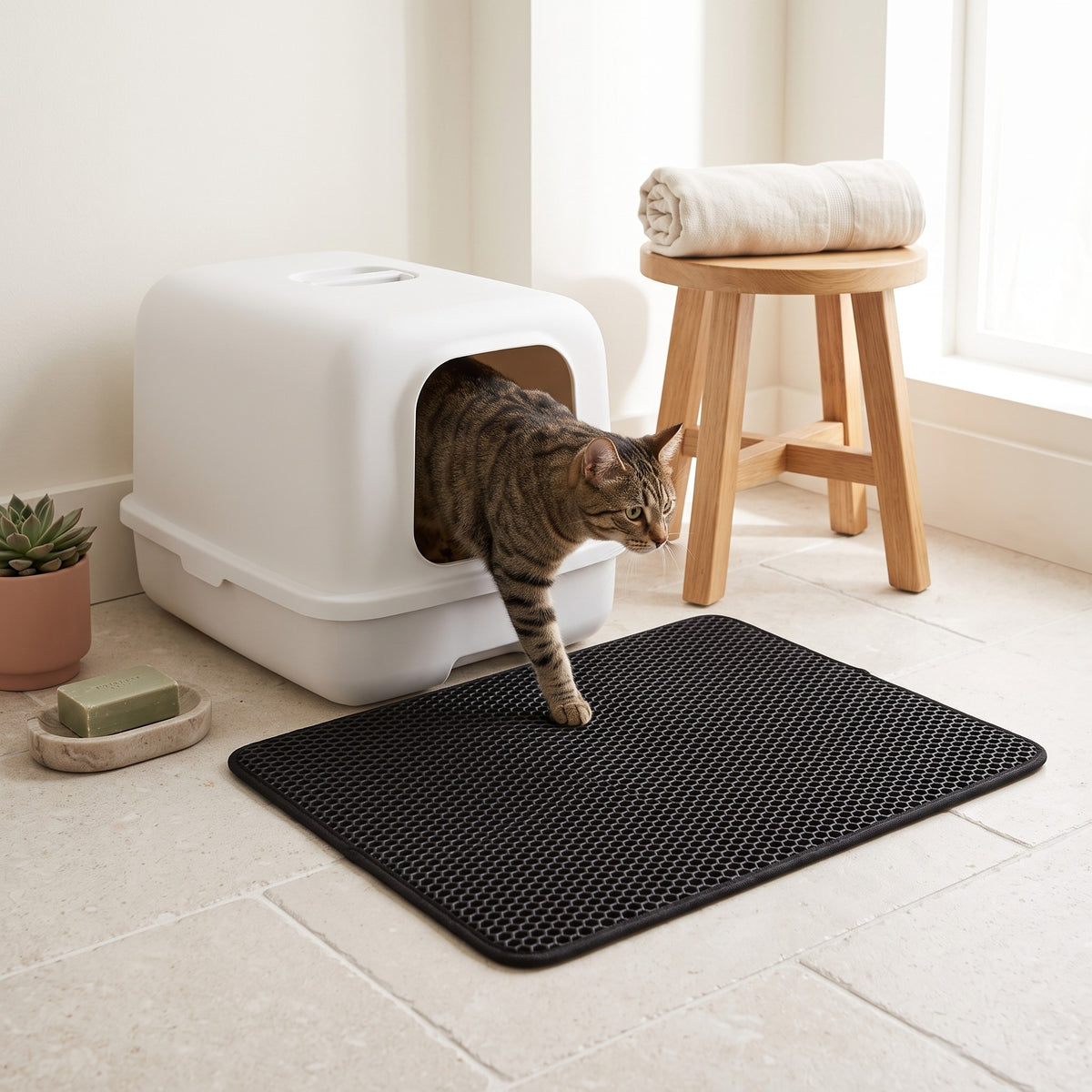 Chat qui sort du bac sur le tapis attrape-litière noir