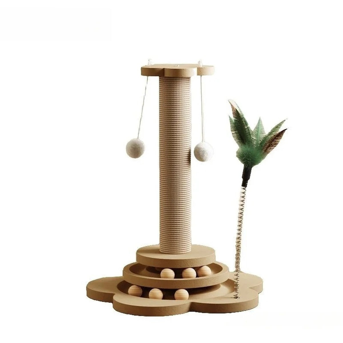 Tour de jeu Oscar pour chaton : poteau en sisal, circuit de balles, pompons et plume, sur fond blanc