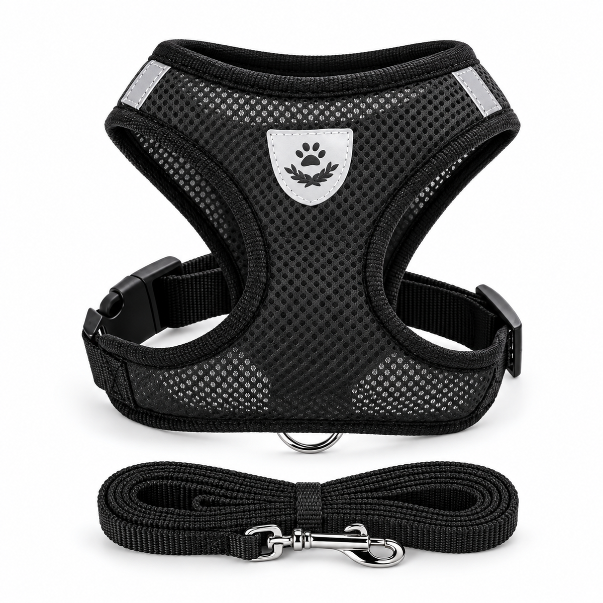 Harnais en maille noir pour chat et petit chien avec laisse – vue studio
