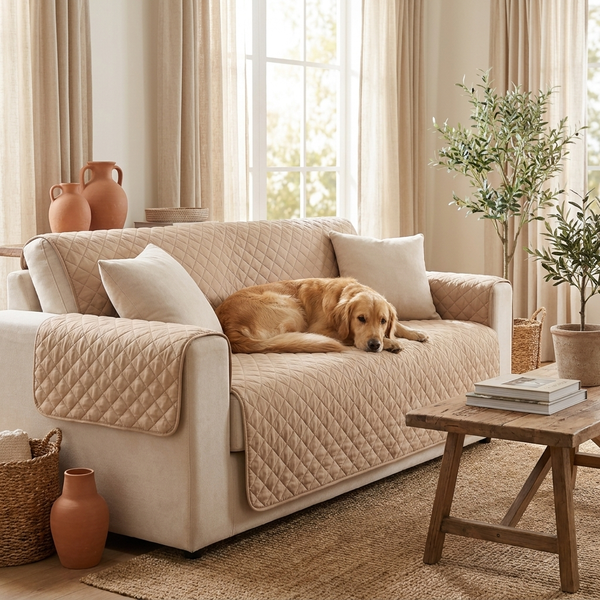 Housse de protection sur un canapé avec un chien allongé