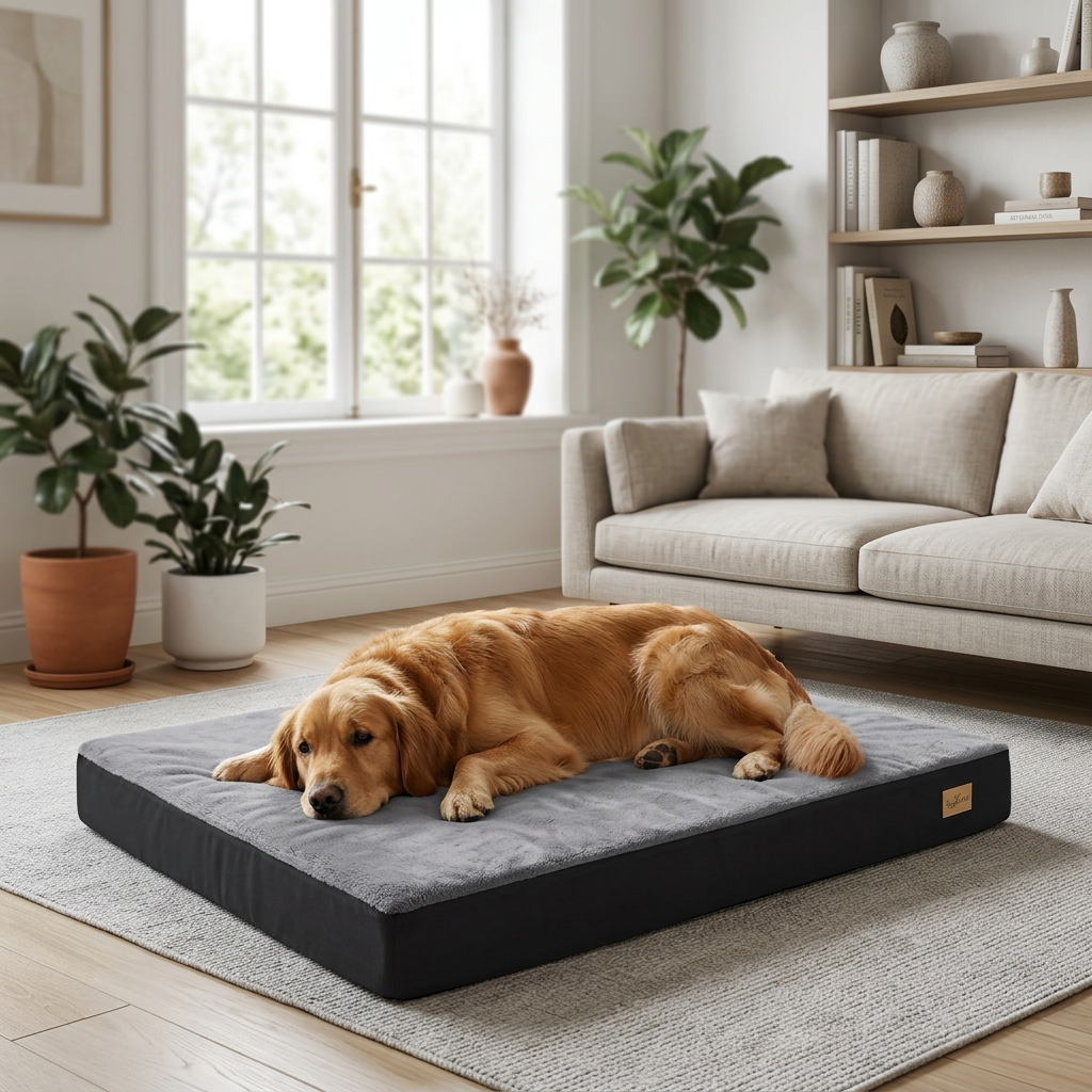 Lit orthopédique pour chien, golden retriever installé sur le matelas épais Douce Patte