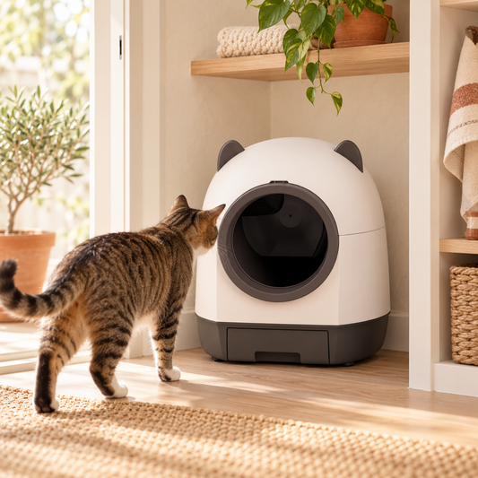 Chat découvrant une litière automatique dans un intérieur lumineux aux tons naturels