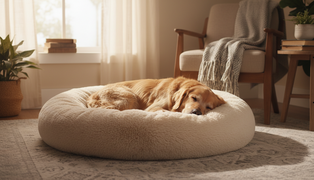Golden retriever dormant paisiblement sur un coussin donut