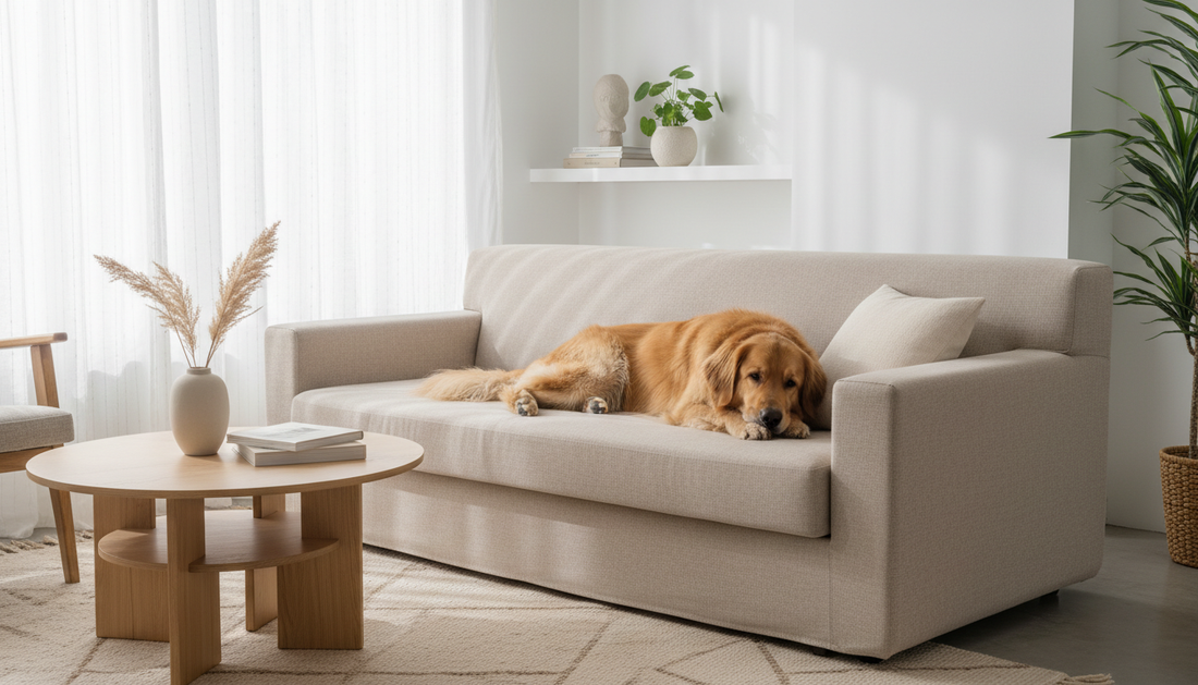Chien allongé sur un canapé recouvert d'une housse imperméable beige