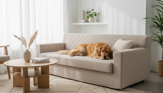 Chien allongé sur un canapé recouvert d'une housse imperméable beige