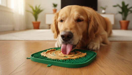 Chien qui lèche du beurre de cacahuète sur un tapis de léchage en silicone vert