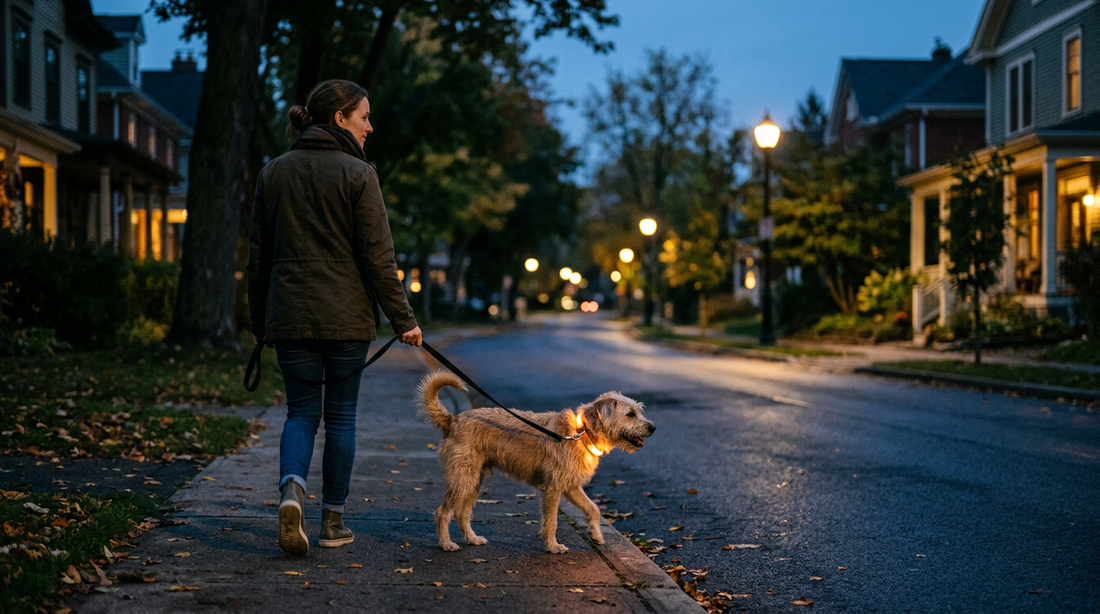 Promenade d'un chien au crépuscule avec un collier LED lumineux