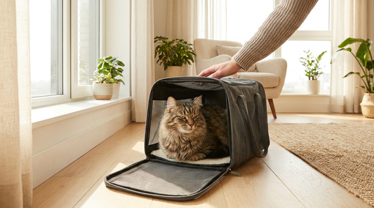 Chat calme dans un sac de transport souple près d'une fenêtre ensoleillée