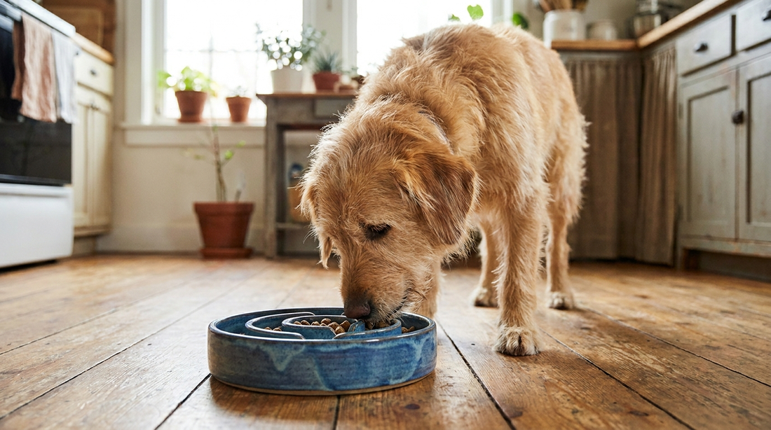Chien mangeant dans une gamelle anti-glouton en céramique