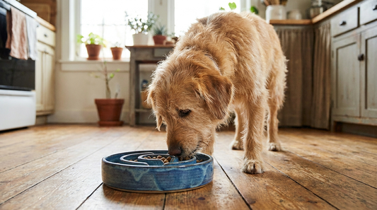 Chien mangeant dans une gamelle anti-glouton en céramique
