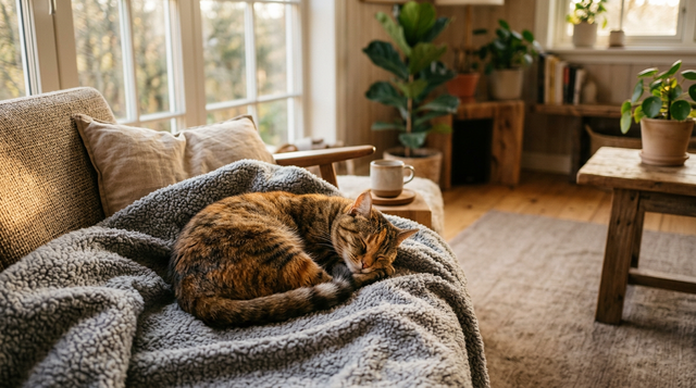 Chat lové sur une couverture polaire douce dans un salon chaleureux