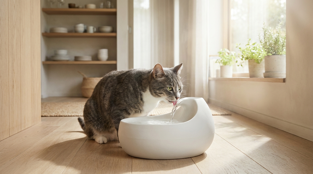 Chat buvant à une fontaine à eau en céramique dans une cuisine lumineuse