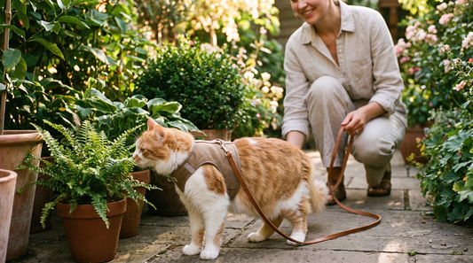 Chat en harnais anti-fugue explorant un jardin en laisse
