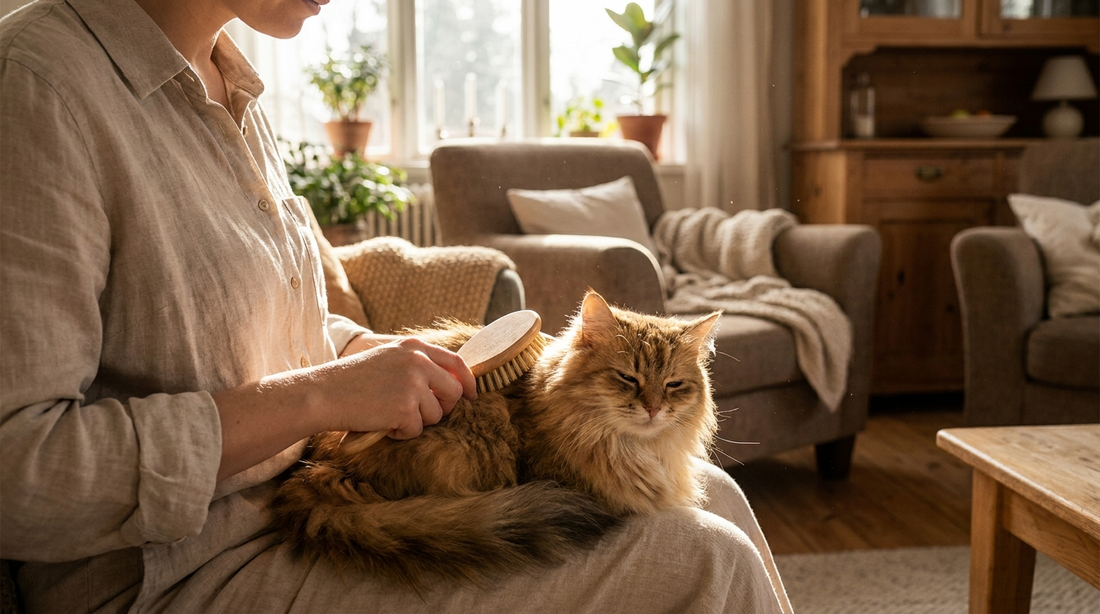 Personne brossant un chat à poils longs dans un salon cosy