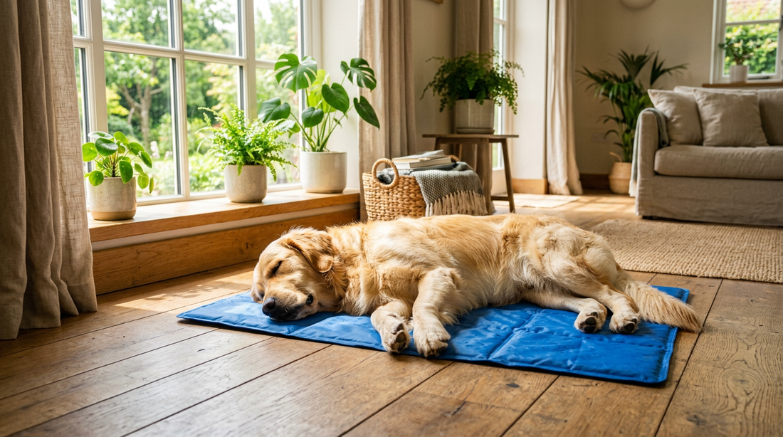 Chien allongé au frais sur un tapis rafraîchissant en été
