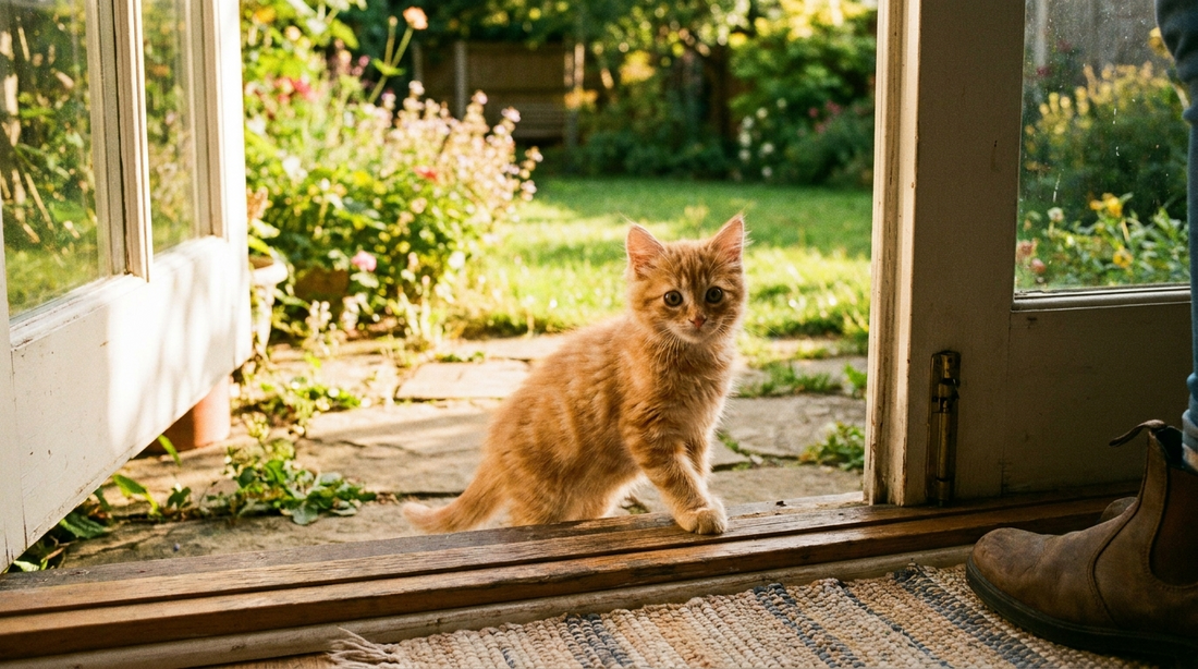 Chaton curieux découvrant le jardin par la porte ouverte