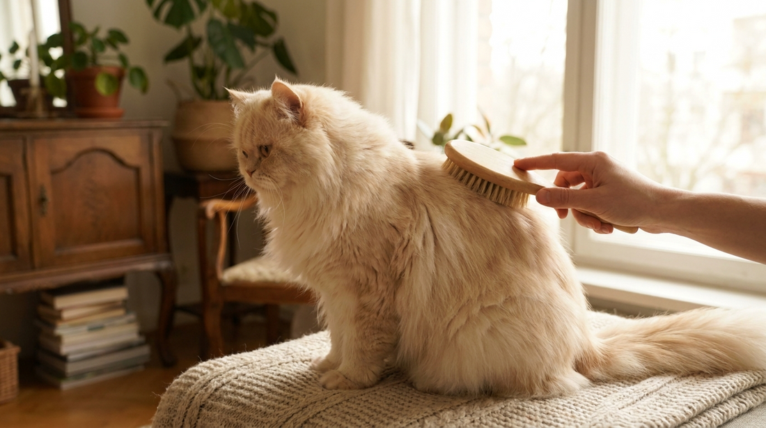 Chat à poils longs brossé délicatement dans un salon cosy