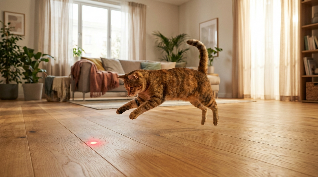 Chat bondissant sur un point laser rouge dans un salon lumineux