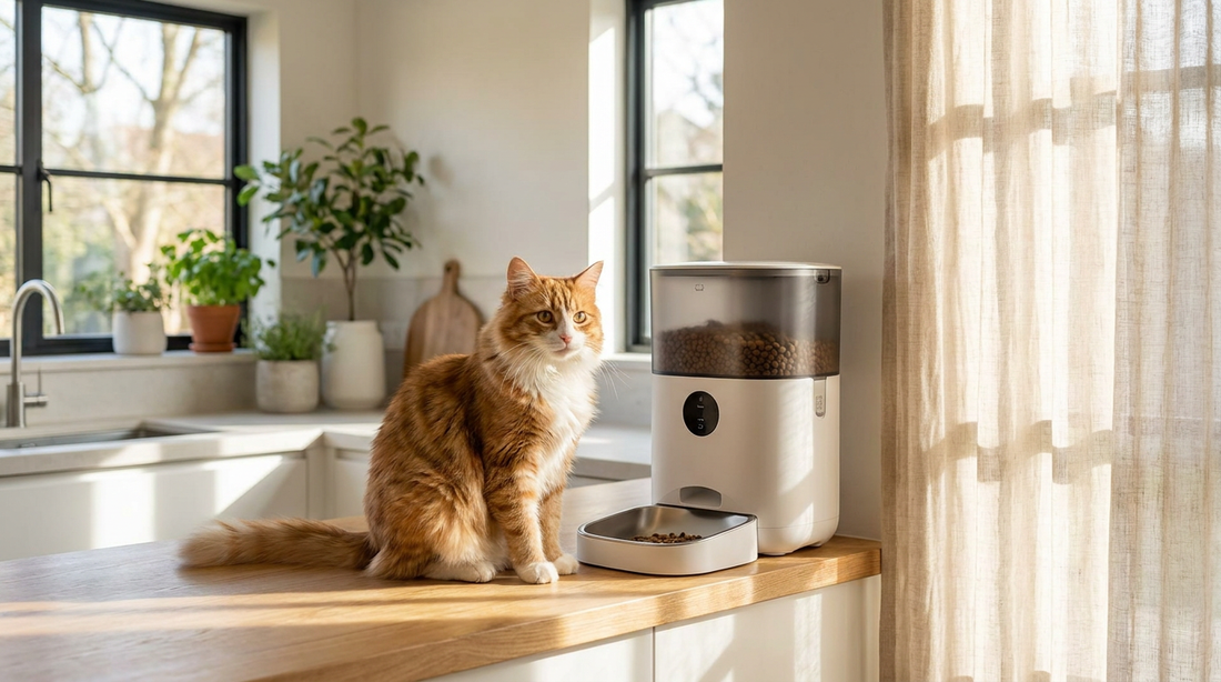 Chat attendant son repas près d'un distributeur automatique dans une cuisine lumineuse
