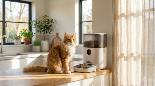 Chat attendant son repas près d'un distributeur automatique dans une cuisine lumineuse