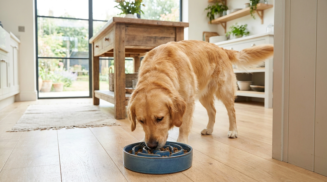 Golden retriever mangeant dans une gamelle anti-glouton dans une cuisine