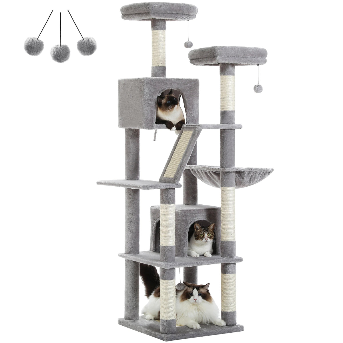 Arbre à chat 180 cm gris clair avec deux niches et hamac suspendu