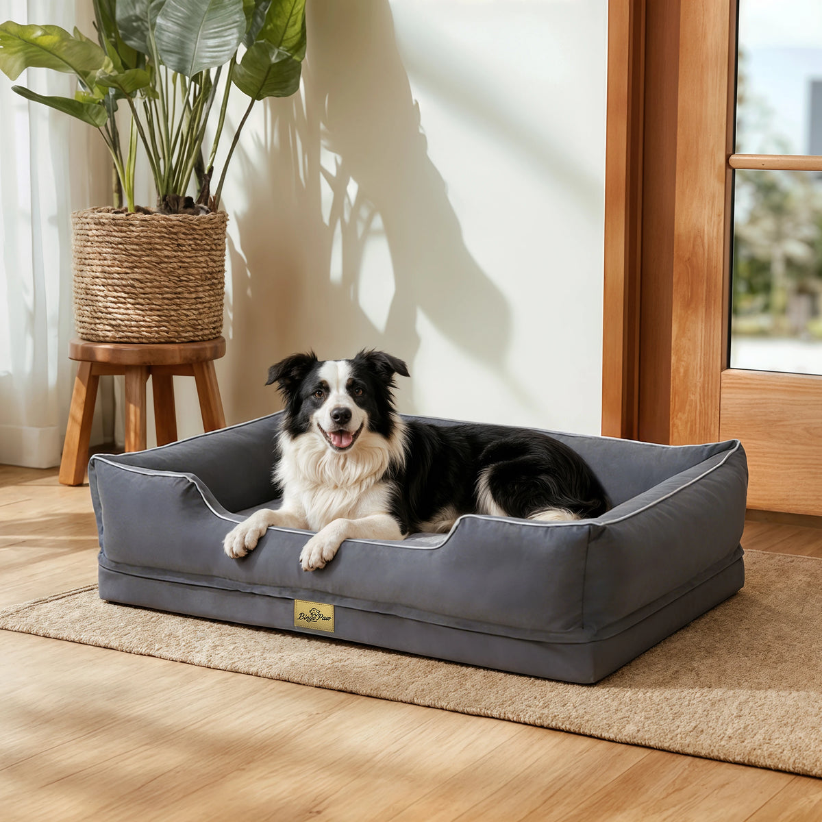 Border collie allongé sur le canapé-lit orthopédique gris Gaston