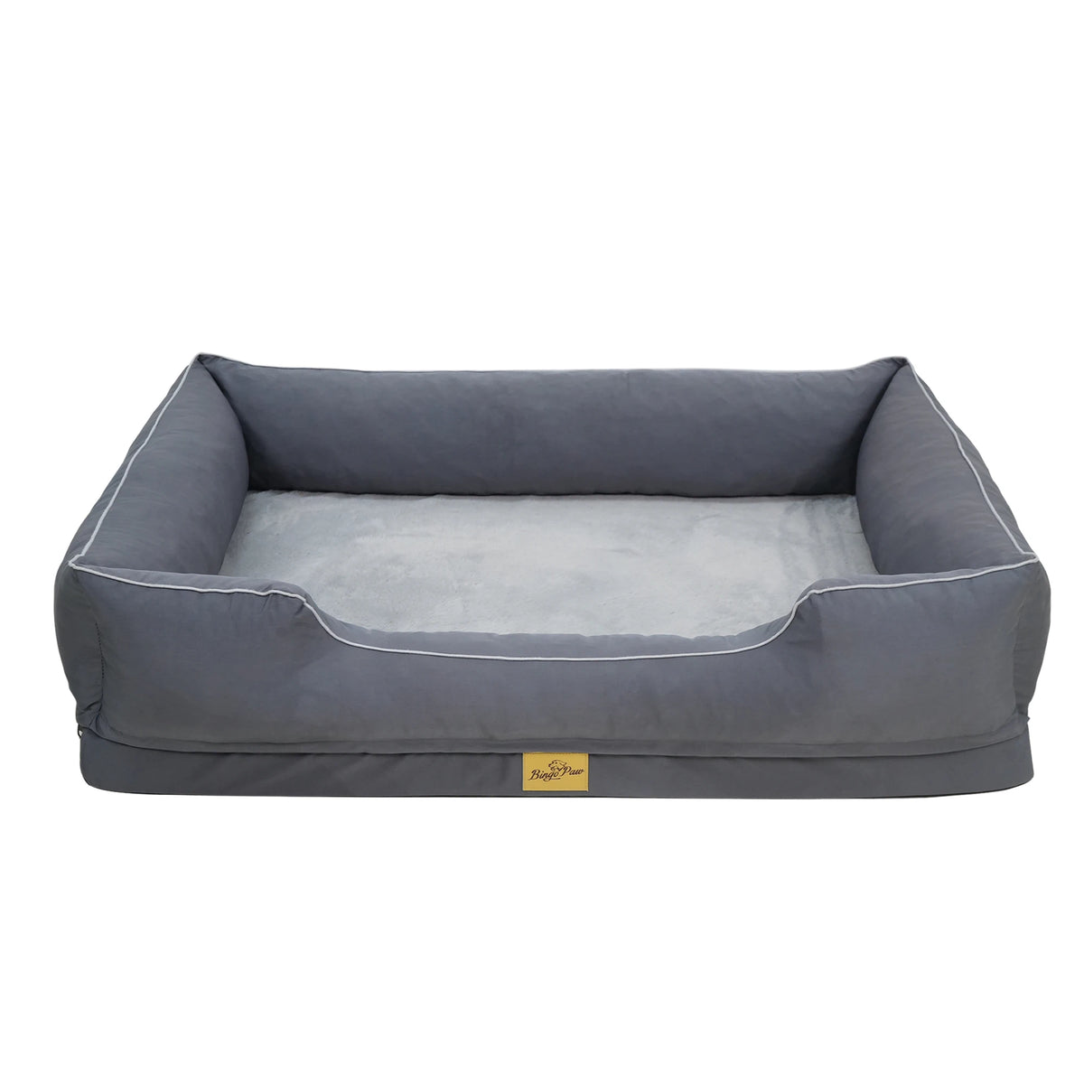 Canapé-lit orthopédique pour chien gris, vue d'ensemble sur fond blanc