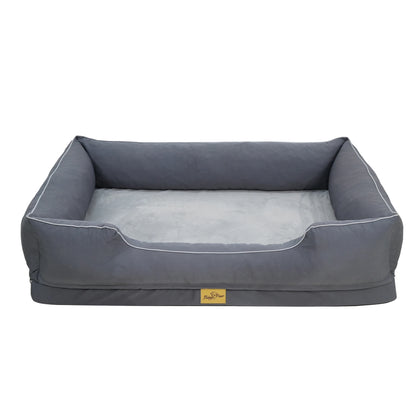 Canapé-lit orthopédique pour chien gris, vue d'ensemble sur fond blanc
