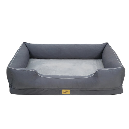Canapé-lit orthopédique pour chien gris, vue d'ensemble sur fond blanc