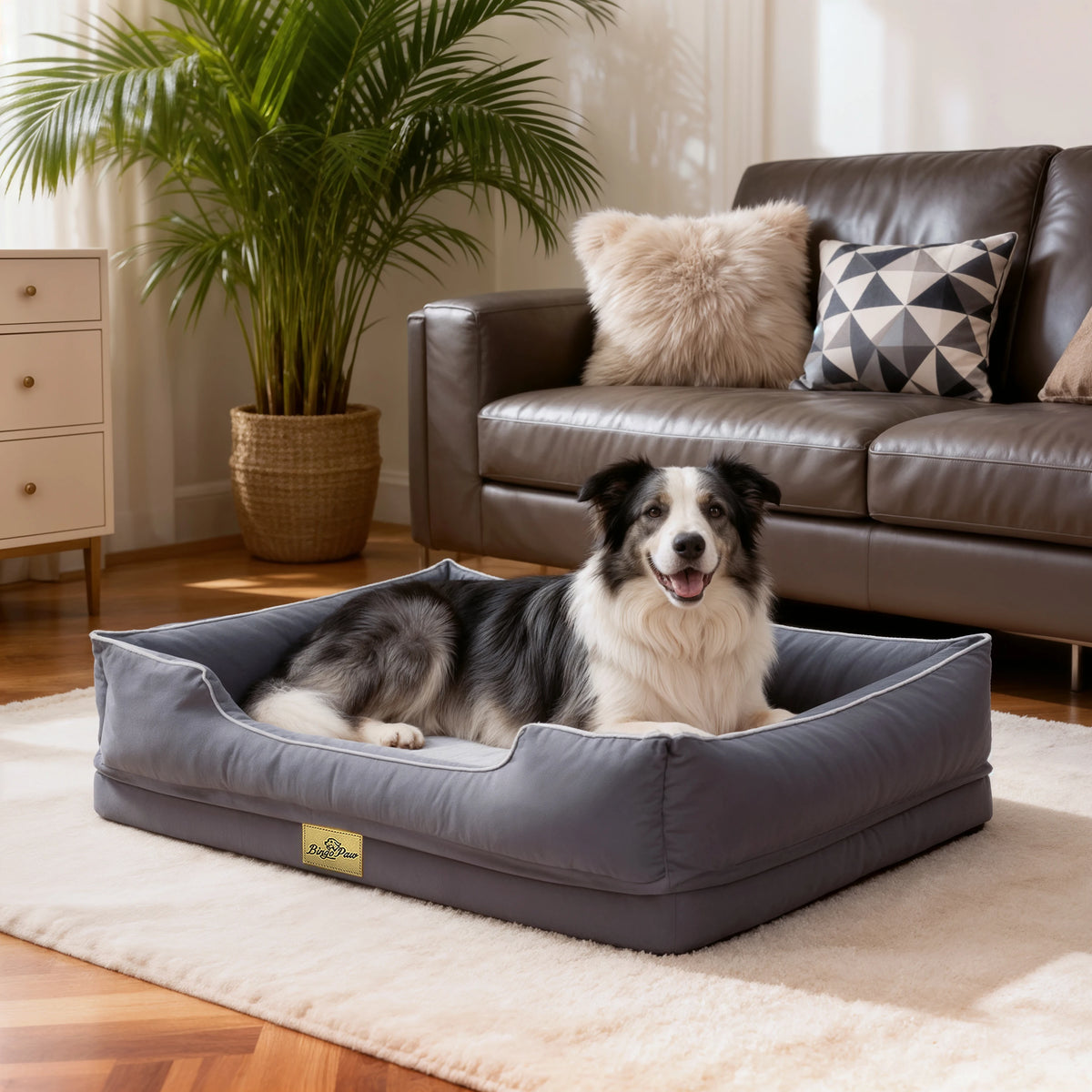 Chien installé sur le canapé-lit gris dans un salon