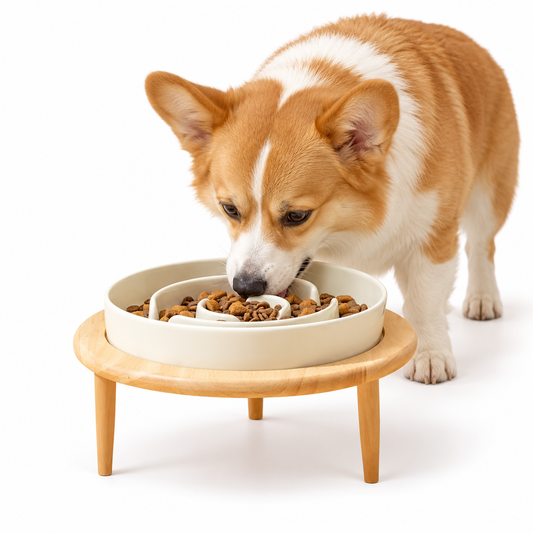 Chien mangeant dans la gamelle Basile avec croquettes