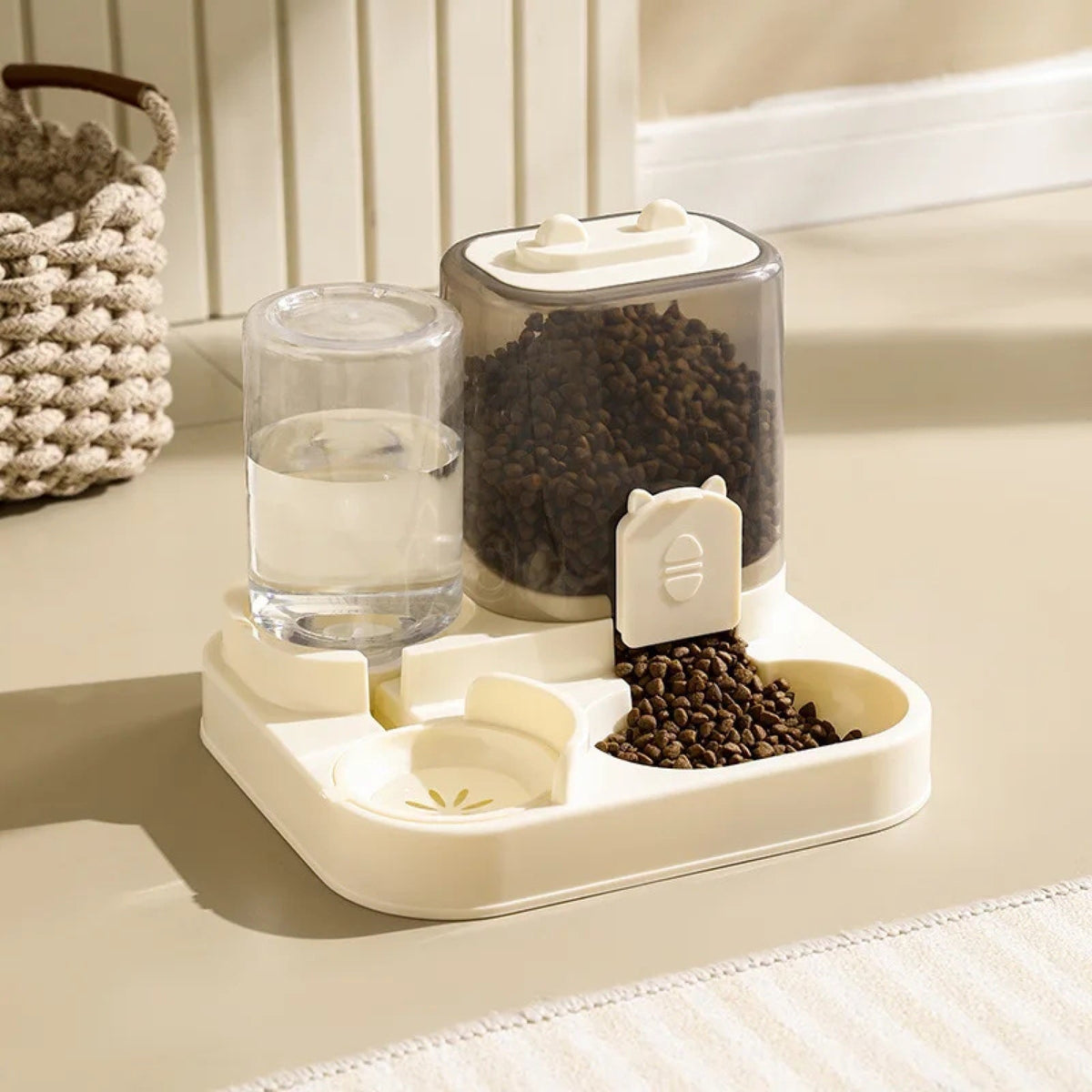 Distributeur croquettes et eau 2-en-1 coloris beige - Douce Patte